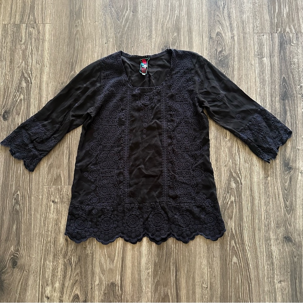 JOHNNY WAS Black Embroidered Blouse Shirt Top